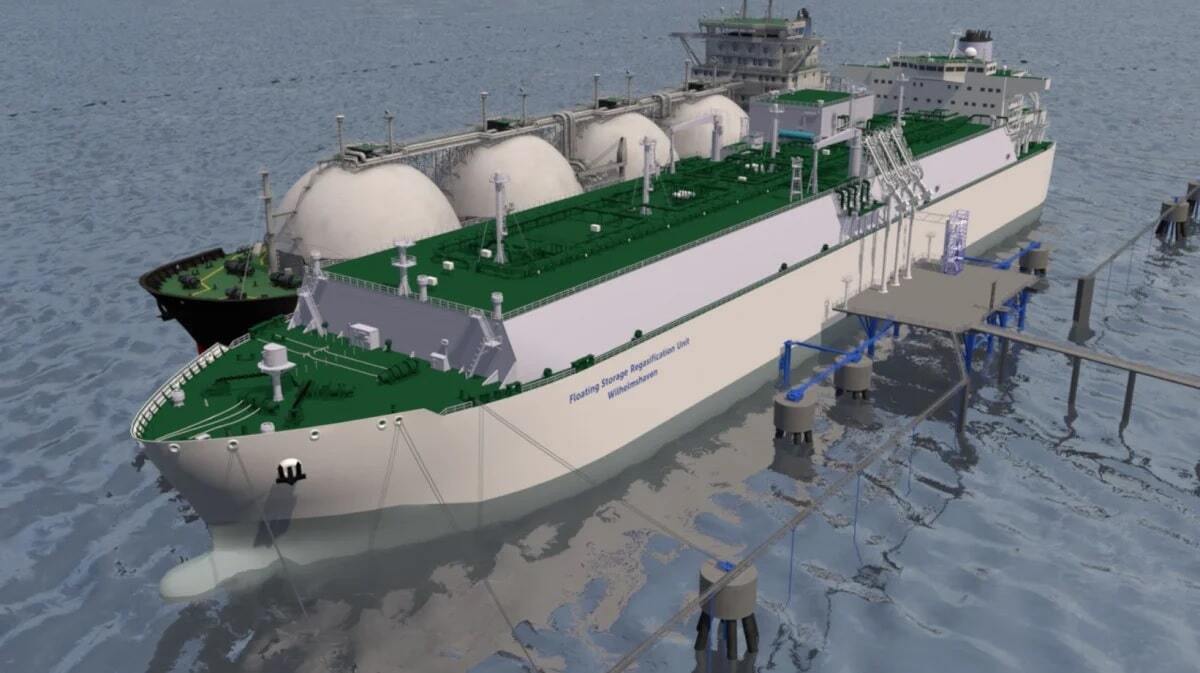 Un exemple de FSRU, une unit&eacute; flottante de stockage et de regaz&eacute;ification, telle qu&rsquo;elle est d&eacute;sormais utilis&eacute;e en Allemagne. Source : Uniper