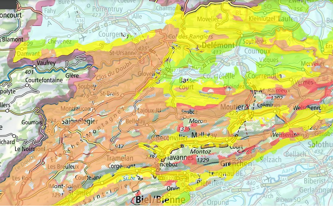 Zones de montagne dans le Jura:&nbsp; &nbsp; &nbsp; &nbsp; &nbsp; &nbsp; &nbsp; &nbsp; &nbsp; &nbsp; &nbsp; &nbsp; &nbsp; &nbsp; &nbsp; &nbsp; &nbsp; &nbsp; &nbsp; &nbsp; &nbsp; &nbsp; &nbsp; &nbsp; &nbsp; &nbsp; &nbsp; &nbsp; &nbsp; &nbsp; &nbsp; &nbsp; &nbsp; &nbsp; &nbsp; &nbsp; &nbsp; &nbsp; zone 1 en jaune, zone 2 en orange, zone 3 en rouge